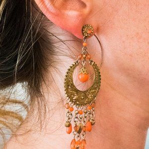 Vintage Costume Jewelry Orange and Gold-Colored Dangling Earrings (Pierced Ears)